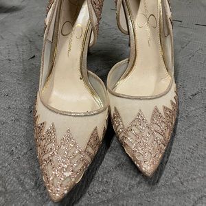 Jessica Simpson Beige and Gold Heels